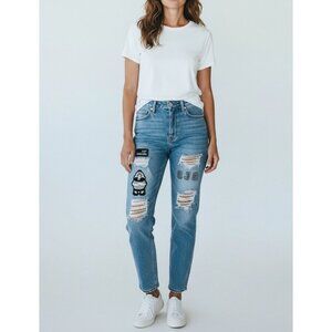 Distressed Light Wash Denim Jeans With Unique "Eat Chicken" & CJG Patches Decora